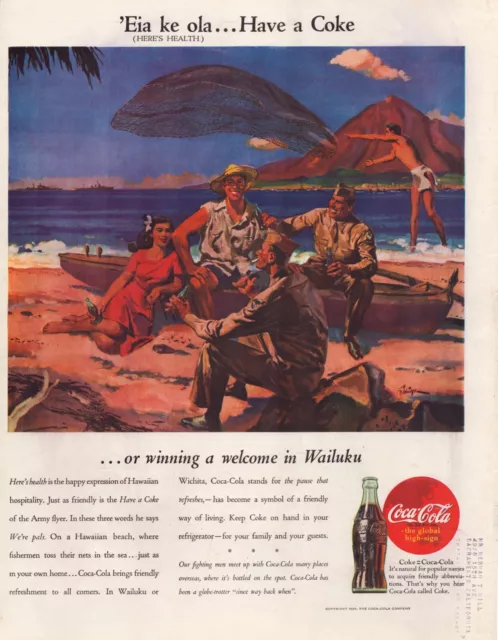 Print Ad Coca-Cola 1945 WW2 Hawaii Soldier Full Page Large Magazine 10.5"x13.5"