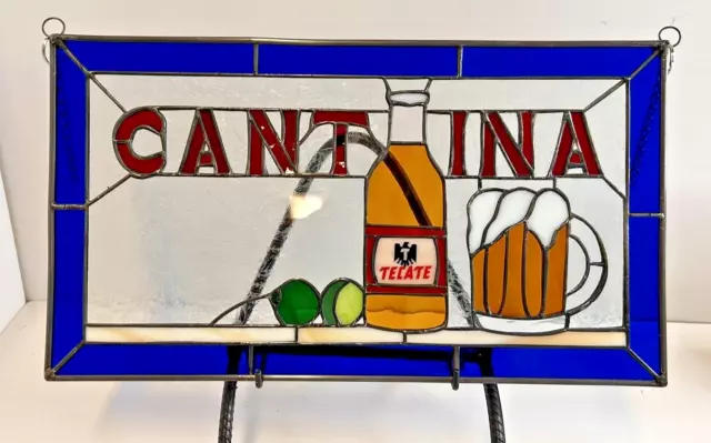 Vintage Sun Chaser Stained Glass Tecate Cantina Sign Hand Made in Mexico