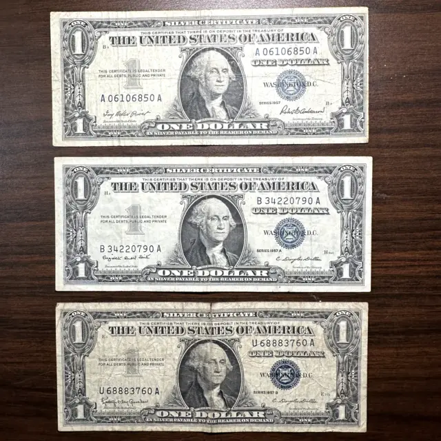 Set of 3 1957 1957A 1957B One Dollar  Silver Certificate Note Bill Collection