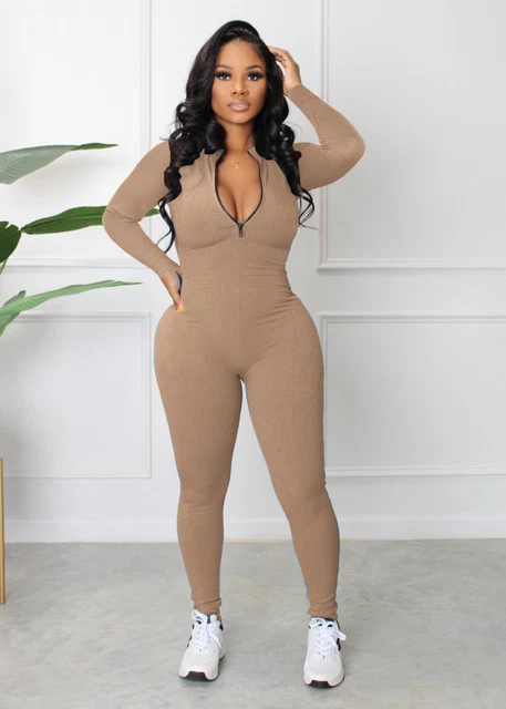 New beige front zip full length jumpsuit lounge wear sport travel plus size 16