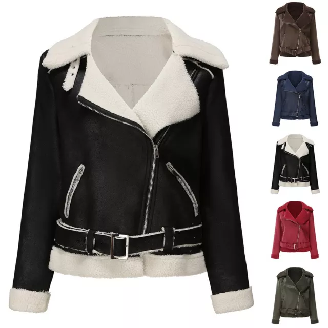 Women's Retro Lapel Thickening Warm Top Motorcycle Jacket Belted Winter Cycling