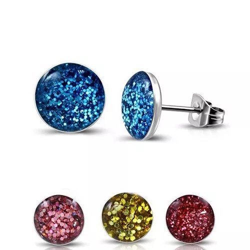 1 Paar! Ohrstecker Ohrringe rund Glitzer Glitter Druzy Edelstahl Cabochon neu