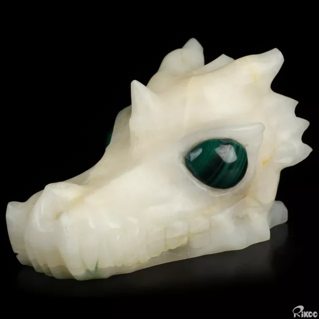 4.9" Afghanistan Jade Hand Carved Crystal Dragon Skull with Malachite Eyes