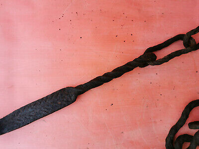 ANTIQUE OLD PRIMITIVE FORGED WROUGHT CHAIN FOR FIREPLACE HOOK HANGER 19th