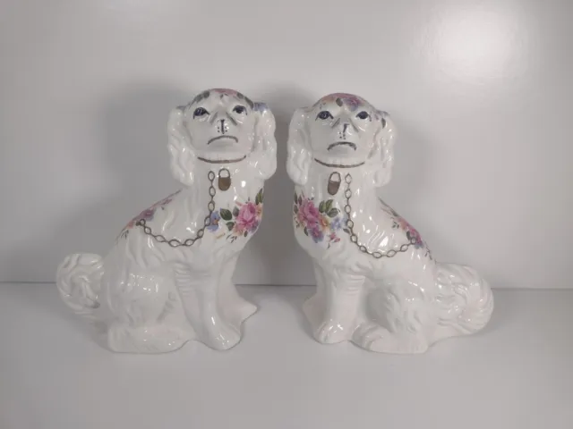 Vintage Pair Of Large Staffordshire Pottery Dog's With Floral Motif