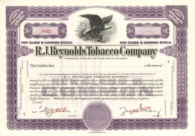 R.J. Reynolds Tobacco Co. - 1899 dated Specimen Stock Certificate - Specimen Sto