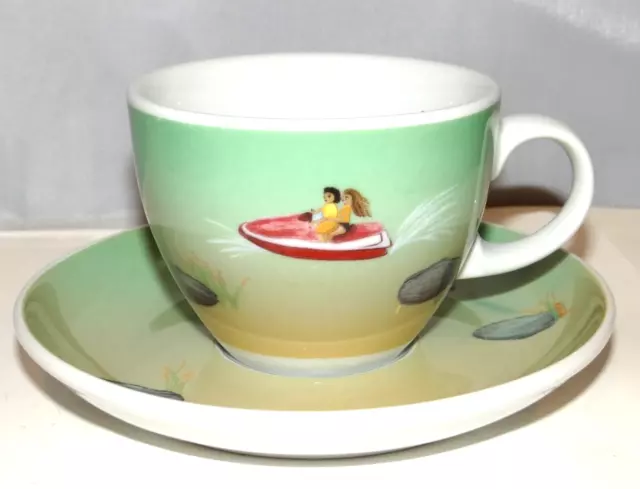 Juego de Taza y Platillo Seltmann Weiden Escena de Playa Pintado a Mano Baviera Alemania