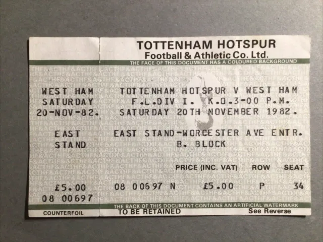 Match Ticket  Tottenham Hotspur v West Ham United  20/11/1982  Division 1