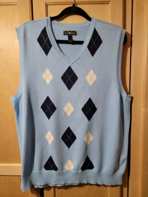 Mens Club Room Sweater Vest Lt. Blue Argyle V-Neck Logo Cotton Sleeveless