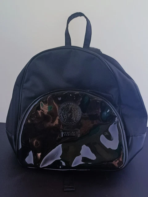 Versace Parfums nylon black backpack Medusa logo patent front designer straps