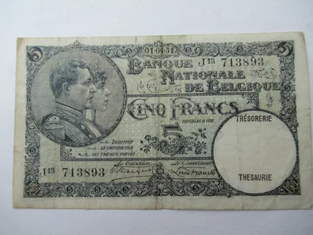 1931 Belgium 5 Francs Banknote