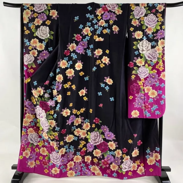 Woman Japanese Kimono Furisode Silk Rose Flower Ink Color