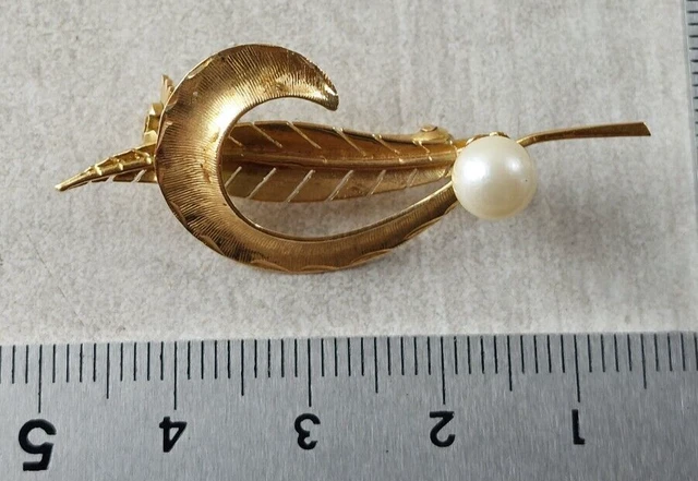 Broche Ancienne Bijou D'Époque En Forme De Plume - Années 50/60/70 - Laiton Peint - Occasion