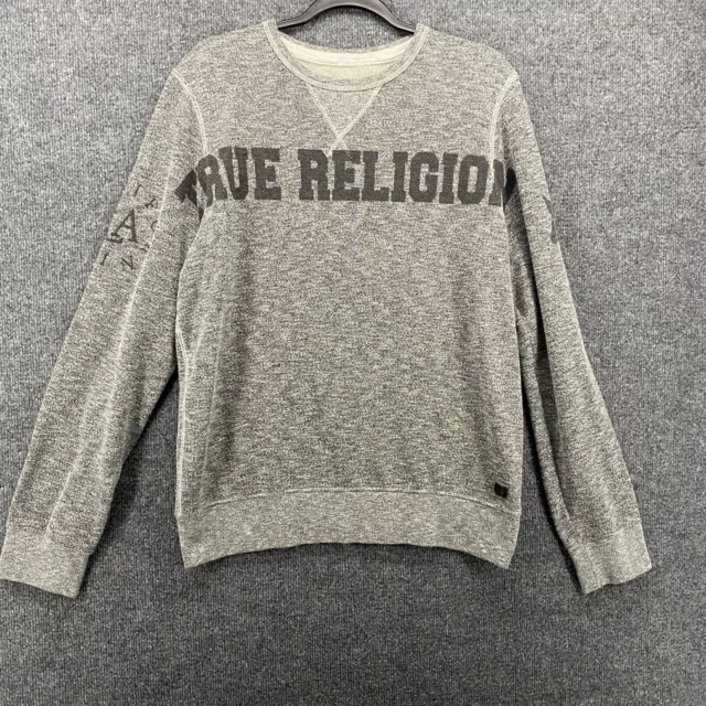 True Religion Sweater Mens Size L Gray Logo Pullover Crew Neck Long Sleeves