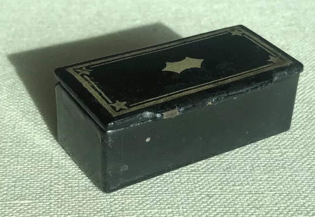 Antique Victorian Hinged Snuff Box Paper Mache Black Lacquer 2.51 Inches Long