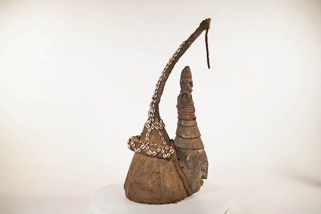 Unique African Mask with Cowrie Shells and Fabric 30"