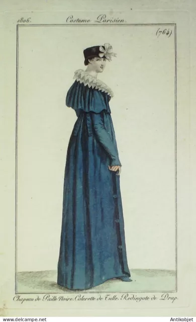 Gravure de mode Costume Parisien 1806 n° 764 Redingote de drap