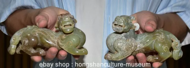 5.8" Old Chinese Hetian Jade Nephrite Carved Dragon Pi Xiu Beast Statue Pair