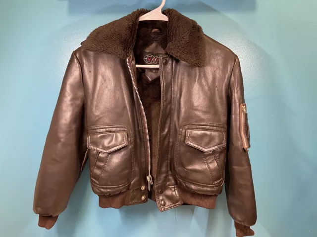 vintage brown faux leather heavy kids VIP bomber winter jacket coat lined 14