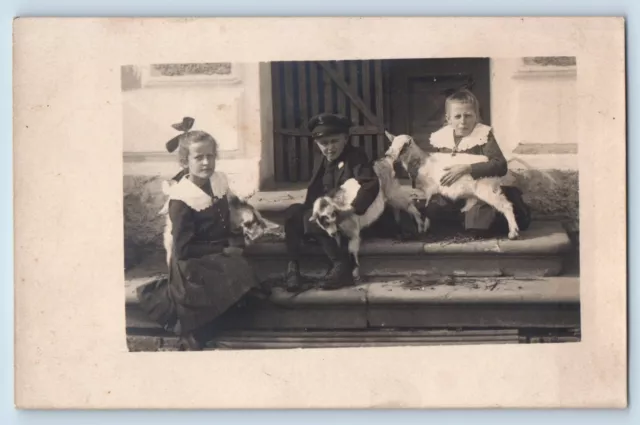 Childrens Postcard RPPC Photo With Goats Animals c1910's Unposted Antique