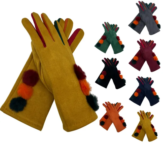 Women Winter Warm Fleece Soft  Gloves Ladies Cycling Pom Pom Touch Screen Gloves