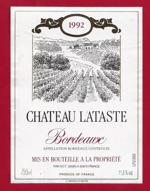 96 12 label BORDEAUX Château Lataste 1992 misowned by IVD 33560