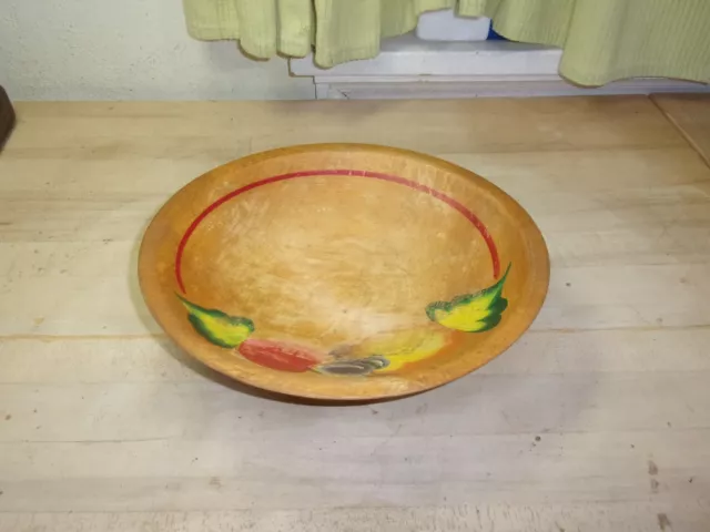 vintage munising wood bowl hand painted fruit/veggie footed oblong 10 5/8" x 10"