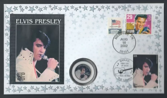 Elvis Presley USA & Gambia stamps on 2002 25th Anniversary Coin Cover Music