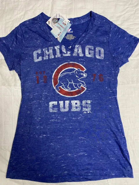 NWT Chicago Cubs Women's Large Majestic Fan Fashion Vneck Tshirt ~ Blue