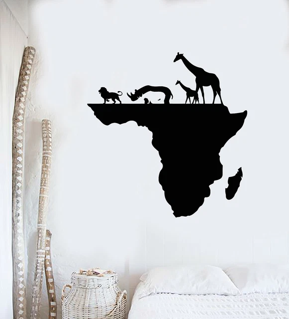 VINYL WALL DECAL Africa Continent Map Animals Lion Rhinoceros Stickers