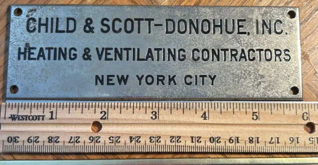 VINTAGE BRASS METAL HEATING and VENTILATION SIGN. CHILD & SCOTT DONOHUE, INC NYC