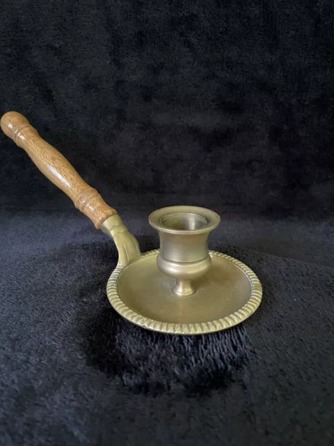 Vtg Brass Chamber Stick Candle Holder with Wood Handle