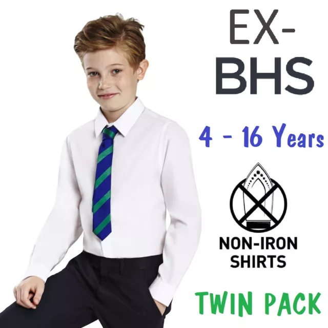 Ex BHS Boys School Shirt (PACK OF 2) White Short Long Sleeve Non Iron Ages 4-16