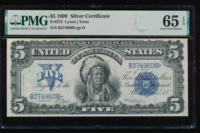 AC Fr 272 1899 $5 Silver Certificate PMG 65 EPQ .. Gem Uncirculated Chief!!