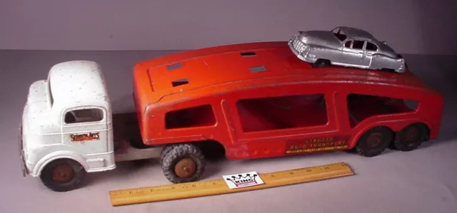 VTG 1950's Structo Truck & Trailer metal toys 22" auto transport car hauler 3 pc