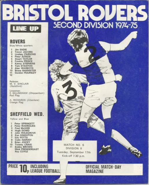 Football Programme - Bristol Rovers v Sheffield Wednesday - Div 3 - 17/9/1974