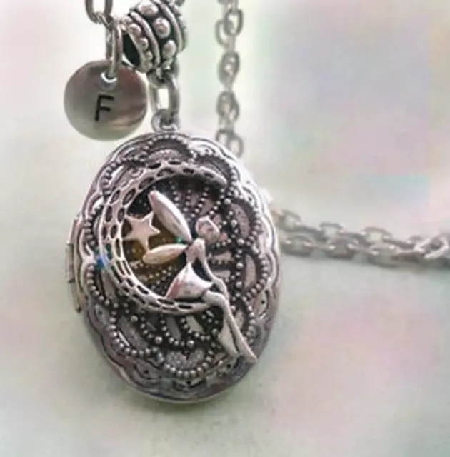 Fairy on the Moon with Star Filigree Locket with Letter Charm, I Love Fairies!