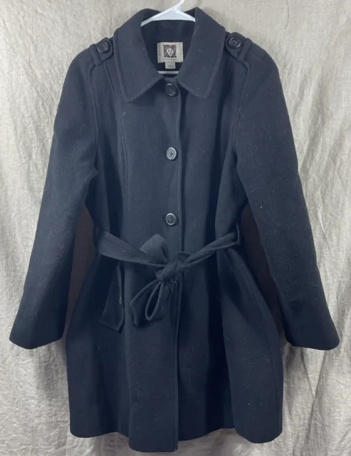 Anne Klein Women's Black Wool Blend Long Sleeve Button Up Pea Coat Size Large