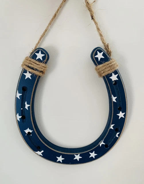 Farmhouse Wood Patriotic Star Horseshoe Blue Hanging Door Sign 7”