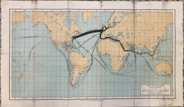 Vintage Original Maritime Map Of Ocean Traffic Longmans Green 1901 Chart