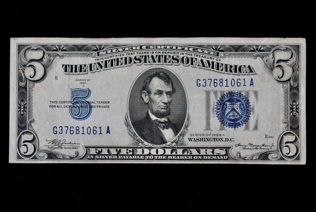 Tough $5 1934A Mule bp 901 blue seal Silver Certificate G37681061A series A