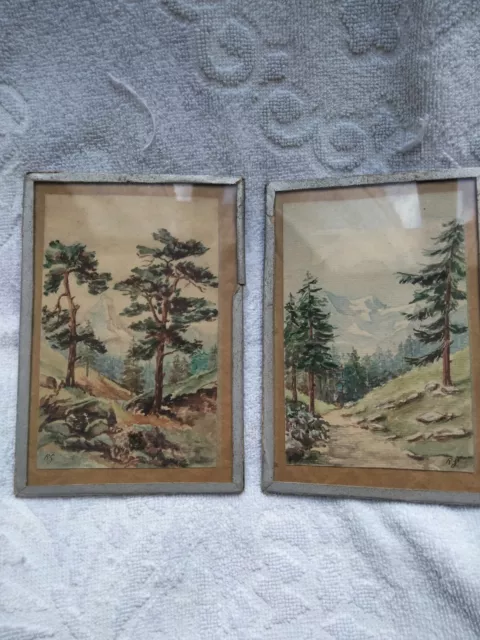 Paire D Aquarelles Anciennes Signées Rg