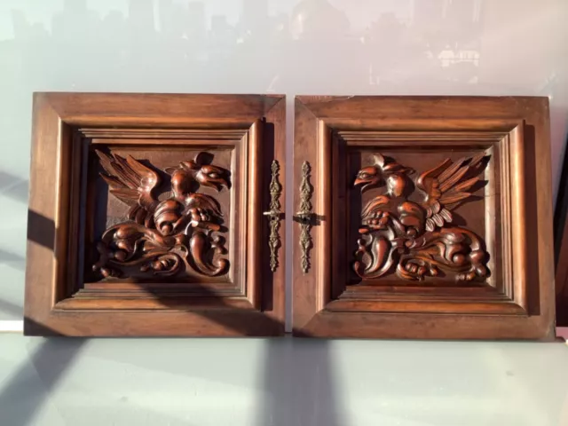 Pair antique French carved wood doors Wall solid walnut griffin chimera Henry 2