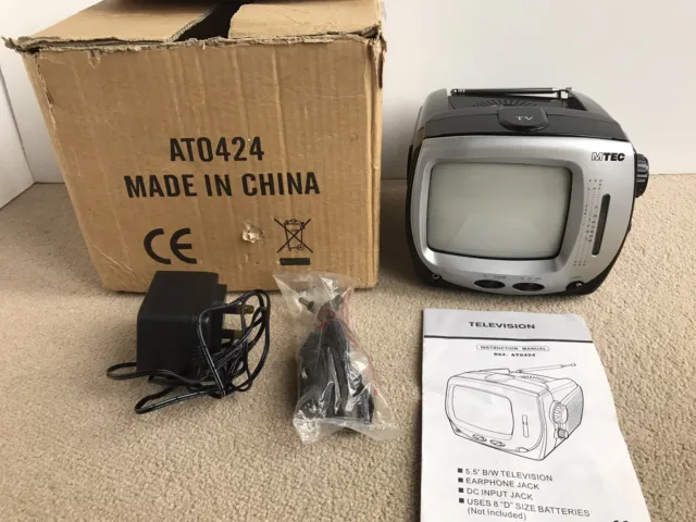 MTEC Portable 5.5" TV Television UHF Radio Black & White (B&W) & Power Lead