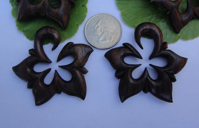 Pair Organic Sono Wood Star Flower Tribal Floral Spirals Ear Expander Plug Gauge