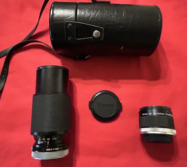 Vivitar Canon FD Mount 75-205mm f/3.8 Macro Lens W/Case & Matched 2x Multiplier