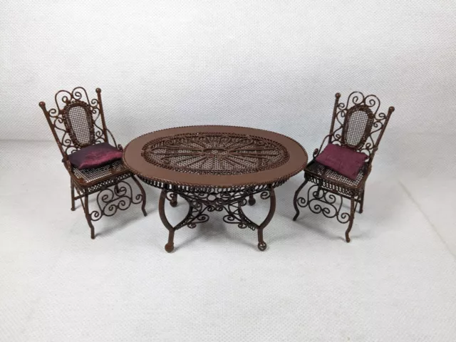Vintage Dolls House Furniture - Brown Metal Table & 2 Brown Metal Chairs, Ht 9cm