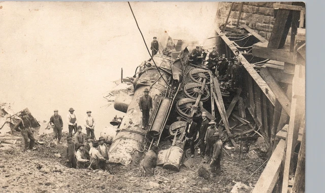 STEAM ENGINE WRECK real photo postcard rppc railroad train bridge accident