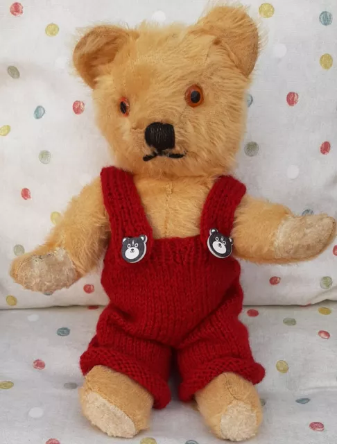 *BEAR KNITS red trousers with 2 bear buttons  hand knitted to fit 12" bear