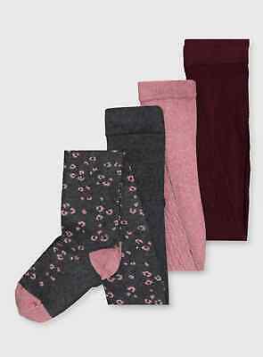Tu Girls 3 X Pack Leopard Cable Rib Tights Pink Grey Burgundy 5-6 Years